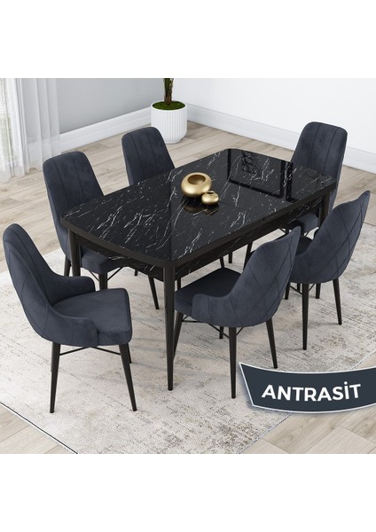 Concept Lia Serisi Siyah Mermer Desen Açılabilir 80 x 132 cm Yemek Masası Takımı 6 Sandalye