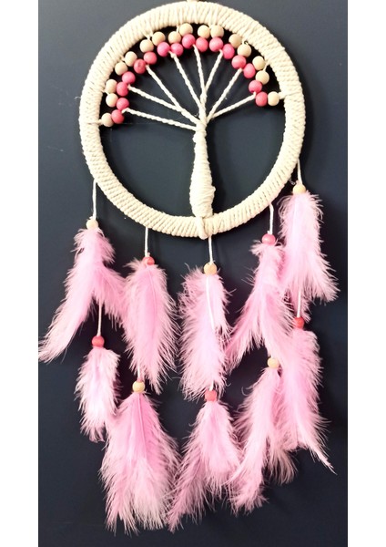 Pembe Kuş Tüylü Hayat Ağacı Dream Catcher Duvar Süsü