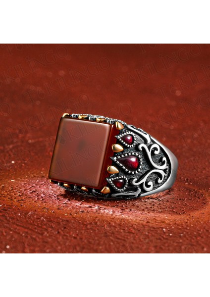 925 Ayar Gümüş Damla Taşlı Kare Akik Erkek Yüzük