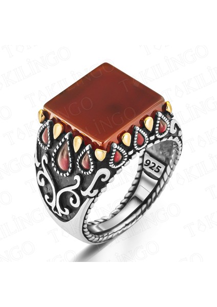 925 Ayar Gümüş Damla Taşlı Kare Akik Erkek Yüzük fiyatları