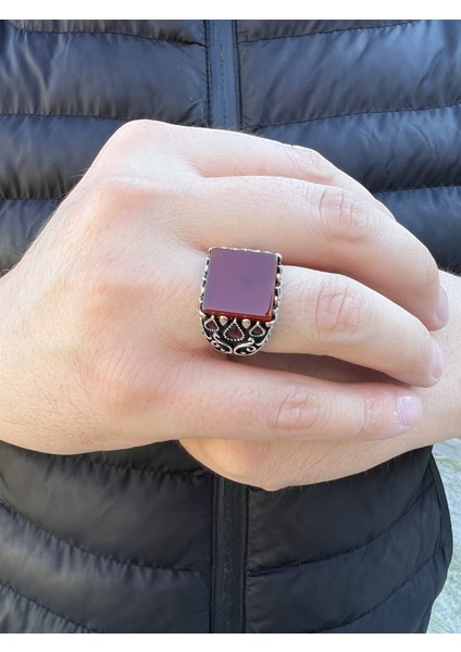 925 Ayar Gümüş Damla Taşlı Kare Akik Erkek Yüzük modelleri