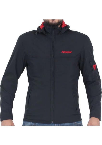 Ceket Jaws Kapşonlu Soft Shell Motosiklet Montu Siyah-Kırmızı - L