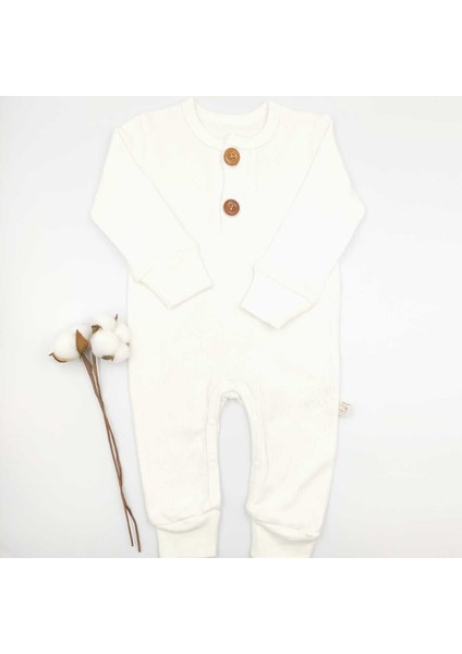 Fitilli İki Düğmeli Uzun Kollu Krem %100 Cotton Bebek Tulumu