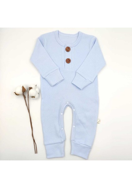 Fitilli İki Düğmeli Mavi Uzun Kollu Bebek Tulumu %100 Cotton