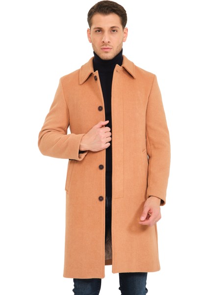 Erkek Polo Yaka Açık Camel Yünlü Uzun Kaşe Kaban modelleri