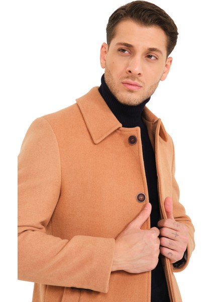 Erkek Polo Yaka Açık Camel Yünlü Uzun Kaşe Kaban fırsatları