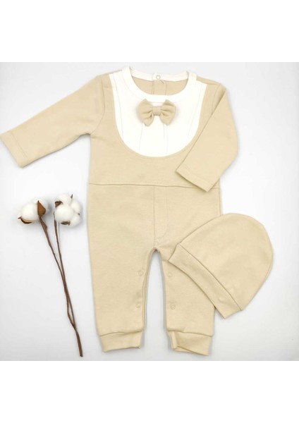 Şapkalı Papyonlu Bej Uzun Kollu %100 Cotton Bebek Tulumu