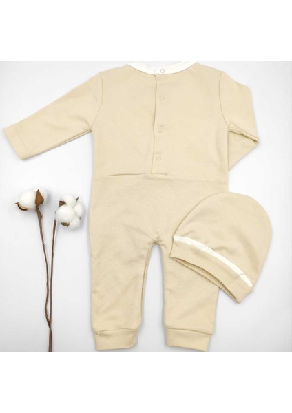 Şapkalı Papyonlu Bej Uzun Kollu %100 Cotton Bebek Tulumu fiyatları