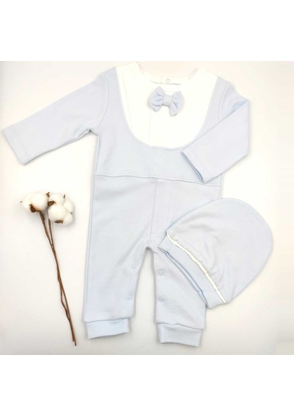 Şapkalı Papyonlu Açık Mavi Uzun Kollu %100 Cotton Bebek Tulumu