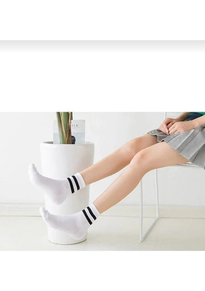 Çorap 4 Çift Unisex Beyaz Çizgili Kolej fırsatları