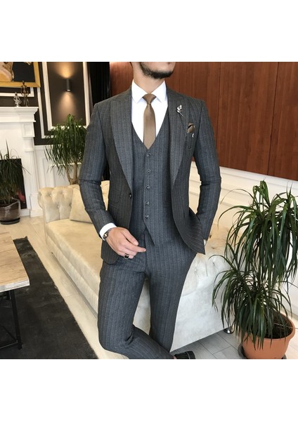 Terzi Adem Italyan Stil Slim Ceket Yelek Pantolon Takım Elbise Antrasit T6243