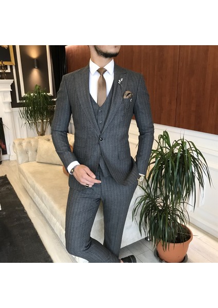 Terzi Adem Italyan Stil Slim Ceket Yelek Pantolon Takım Elbise Antrasit T6243