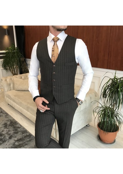 Terzi Adem Italyan Stil Slim Ceket Yelek Pantolon Takım Elbise Kahverengi T6244