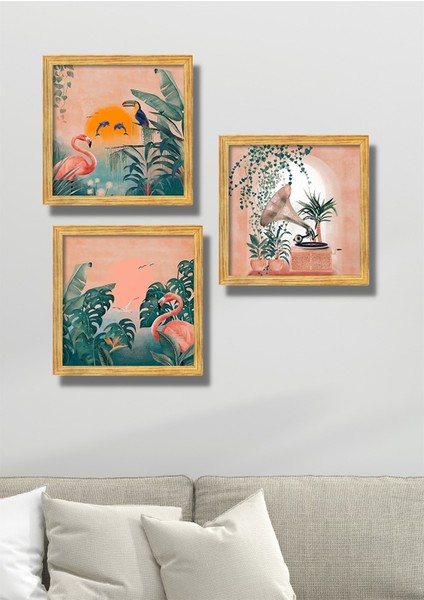 3 Parça Ahşap Çerçeve Görünümlü Flamingo Duvar Dekoru - Salon Mutfak Yatak Odası Için Tablo Seti