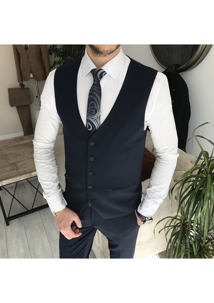 Terzi Adem Italyan Stil Slim Fit Ceket Yelek Pantolon Takım Elbise Lacivert T8359