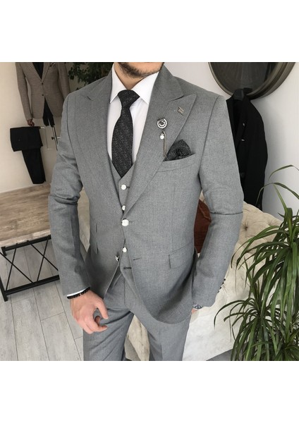 Italyan Stil Slim Fit Ceket Yelek Pantolon Takım Elbise Siyah T8355