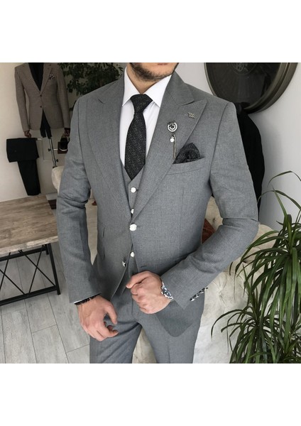Italyan Stil Slim Fit Ceket Yelek Pantolon Takım Elbise Siyah T8355