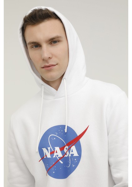 M-Nasa Logo Hoodie 2pr Beyaz Erkek Sweatshirt