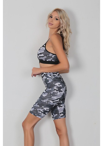 Alt Üst Bralet Tayt Şort Spor Büstiyer Takımı Kamuflaj