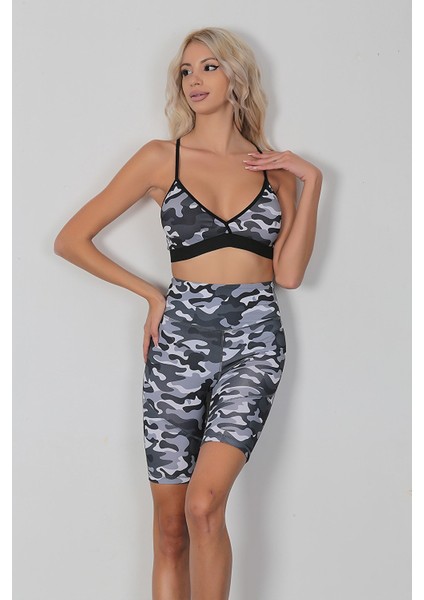 Alt Üst Bralet Tayt Şort Spor Büstiyer Takımı Kamuflaj