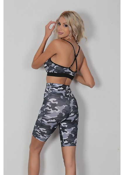 Alt Üst Bralet Tayt Şort Spor Büstiyer Takımı Kamuflaj