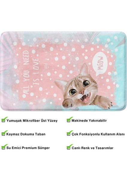 Sevimli Tasarımlı Mikrofiber Banyo Paspası, Kaymaz Taban, Makinede Yıkanabilir (40X60)
