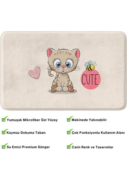 Sevimli Tasarımlı Mikrofiber Banyo Paspası, Kaymaz Taban, Makinede Yıkanabilir (50X80)