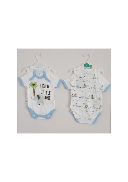 Panolino Safari Fil Desenli 2'li Bebek Body Zıbın Mavi Ekru Atlet