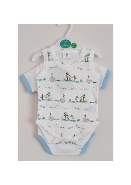 Panolino Safari Fil Desenli 2'li Bebek Body Zıbın Mavi Ekru Atlet modelleri