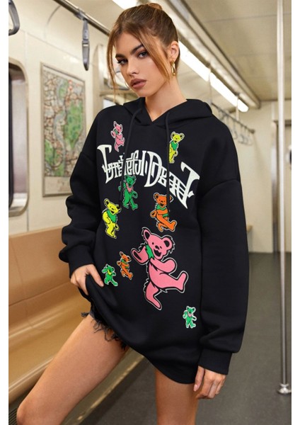 Kadın Ayıcık Desenli 3 Iplik Şardonlu Kapüşonlu Oversize Salaş Hoodie Siyah Sweatshirt