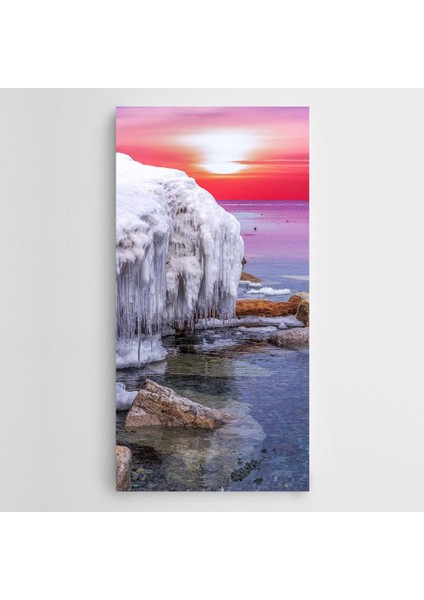 Kayadan Sarkan Buzlar Okyanus Gün Batımı Kanvas Tablo