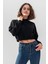 la & vetta Kadın Siyah Pamuk Bisiklet Yaka Crop Sweatshirt 1