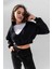 Siyah Kapüşonlu V Yaka Crop Kalın Içi Polarlı Örme Sweatshirt 1