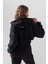 Siyah Kapüşonlu V Yaka Crop Kalın Içi Polarlı Örme Sweatshirt 4