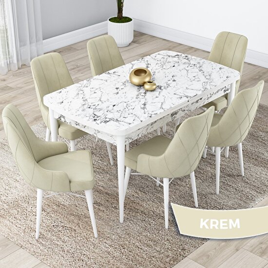 Canisa Concept Lia Serisi Beyaz Mermer Desen Açılabilir 80 x 132 cm Yemek Masası Takımı 6 Sandalye