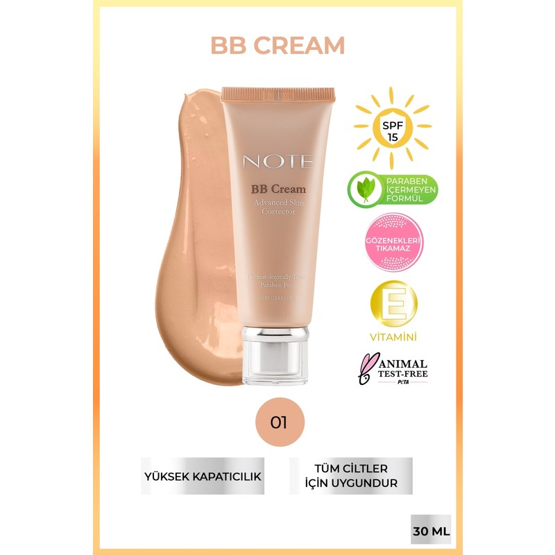 BB Cream SPF 15 Nemlendirici Etkili Yoğun Kapatıcı BB Krem - 01 Orta