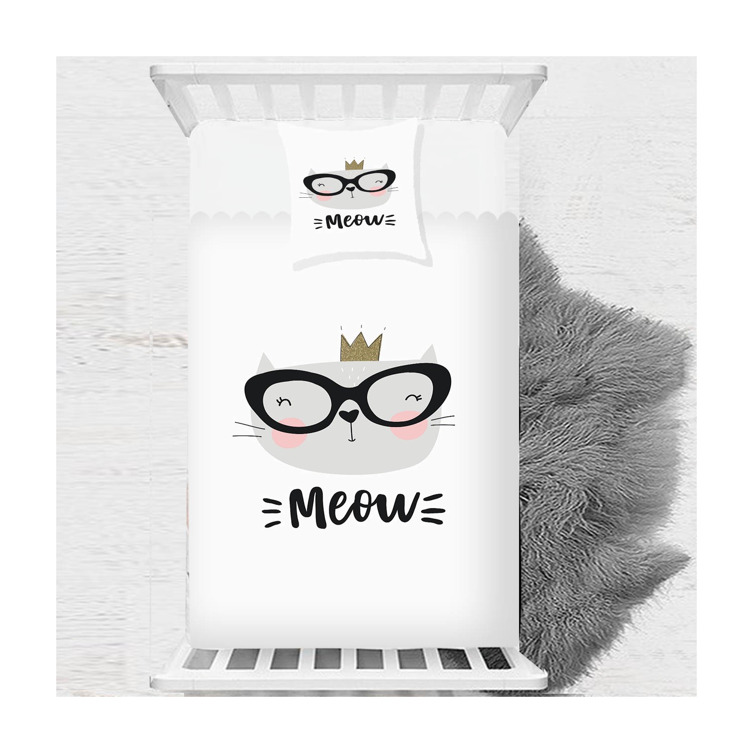 Else Gri Beyaz Kedili Iskandinav Çocuk Bebek Yatak Örtüsü