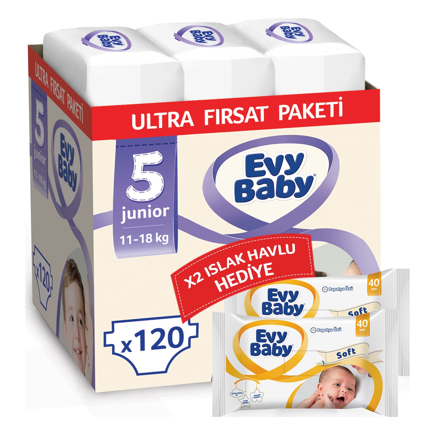 Evy Baby Bebek Bezi 5 Numara Junior 120 Adet + Islak Havlu Evy Baby Bebek Bezi 5 Numara Junior 120 Adet + Islak Havlu