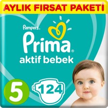 Prima 5 Beden Bebek Bezi Aktif Bebek 5 Beden Junior Aylık Fırsat Paketi 124 Adet