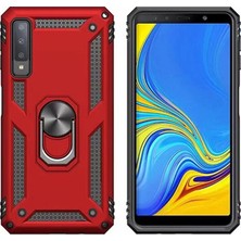 LionTech Galaxy A7 2018 Kılıf Zırh Koruma Yüzüklü Standlı Armor Silikon Kapak + Ekran Koruma Kırmızı