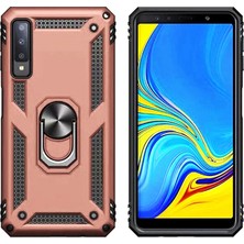 LionTech Galaxy A7 2018 Kılıf Zırh Koruma Yüzüklü Standlı Armor Silikon Kapak + Ekran Koruma Rose Gold