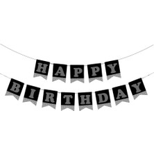 Kikajoy Happy Birthday Siyah Zemin Gümüş Harf Afiş