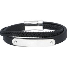 Chavin Siyah Deri Sarmal Gri Çelik Erkek Bileklik EC70BY