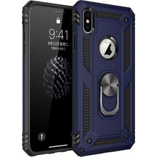 Tekno Grup Apple iPhone XS Max Kılıf Yüzüklü Standlı Ultra Korumalı Manyetik Vega Kapak-Lacivert + Cam Ekran Koruyucu