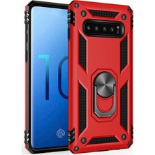 Tekno Grup Samsung Galaxy S10 Kılıf Yüzüklü Standlı Ultra Korumalı Manyetik Vega Kapak-Kırmızı + Tam Kaplayan Cam Ekran Koruyucu