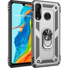 Tekno Grup Huawei P30 Lite Kılıf Yüzüklü Standlı Ultra Korumalı Manyetik Vega Kapak-Gümüş + Cam Ekran Koruyucu