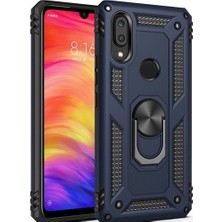 Tekno Grup Xiaomi Redmi Note 7 Kılıf Yüzüklü Standlı Ultra Korumalı Manyetik Vega Kapak-Lacivert + Cam Ekran Koruyucu