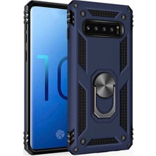 Tekno Grup Samsung Galaxy S10 Kılıf Yüzüklü Standlı Ultra Korumalı Manyetik Vega Kapak-Lacivert + Full Body Ekran Koruyucu