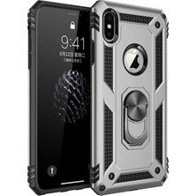 Tekno Grup Apple iPhone XS Kılıf Yüzüklü Standlı Ultra Korumalı Manyetik Vega Kapak-Gümüş + Full Body 360 Ekran Koruyucu (Ön-Arka)