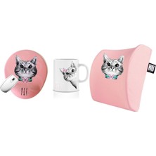 Office Küp 3'lü Ofis Seti Bel Yastığı Kahve Bardağı Mouse Pad Pembe Kedi